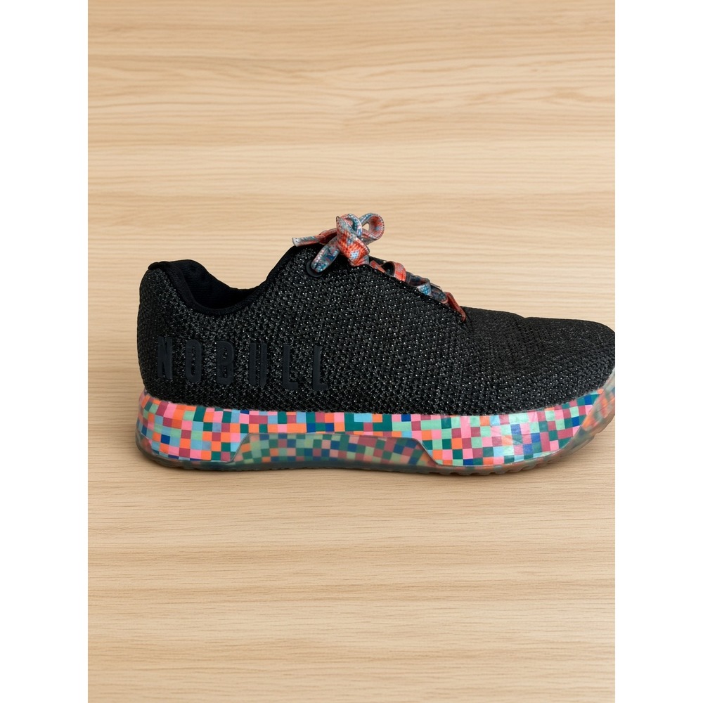 NOBULL Black Knit Trainer Sneakers Multicolor Pixel Sole Womens 7.5 Mens 6